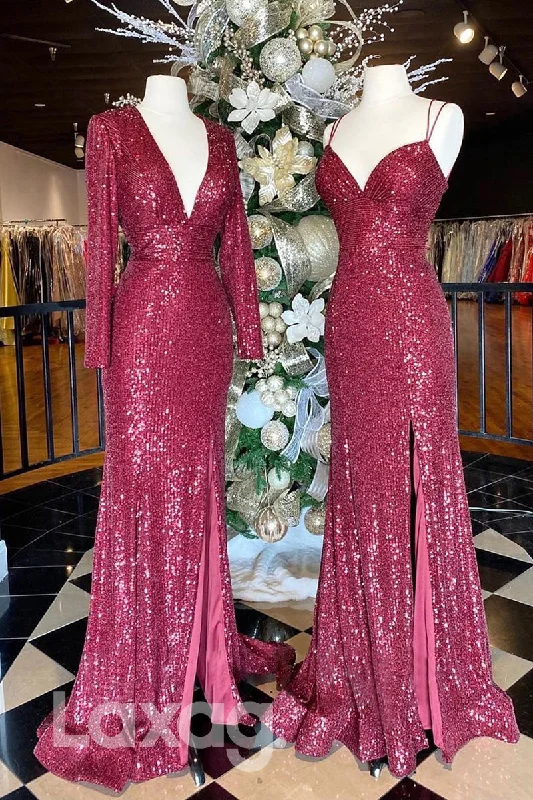 19796 - Plunging V-Neck Sequins Burgundy Prom Dress Glitter Sequin Dress Sleeveless