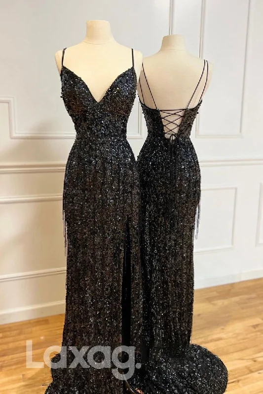 19797 - Plunging V-Neck Sequins Black Prom Dress Glitter Sequin Dress Trendy