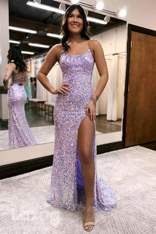 21953 - Spaghetti Straps Fully Sequins Sparkly Formal Prom Dress with Slit Backless Sequin Dress