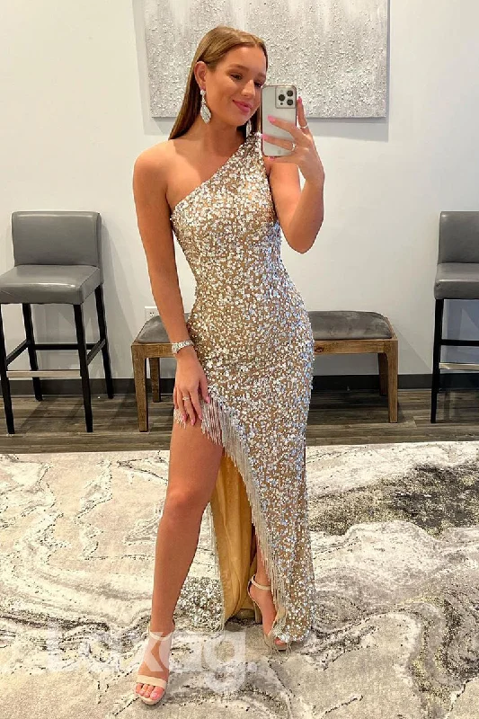 20754 - One Shoulder High Split Sequins Prom Dress Glitter Sparkling Sequin Dress