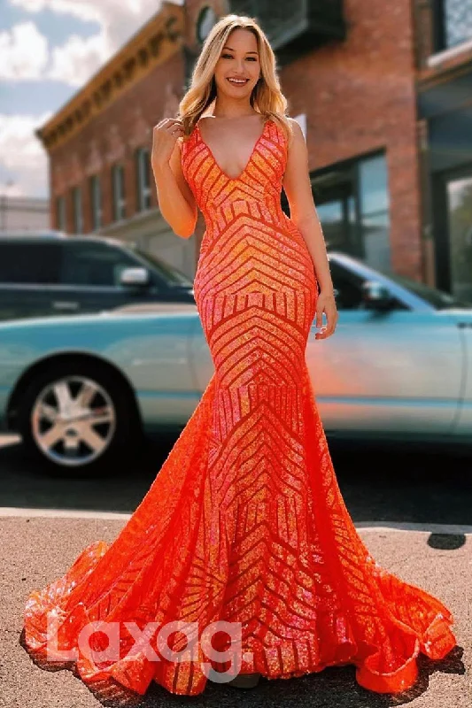 19730 - Sexy V-Neck Sequins Mermaid Prom Dress Glitter Sequin Lace Dress