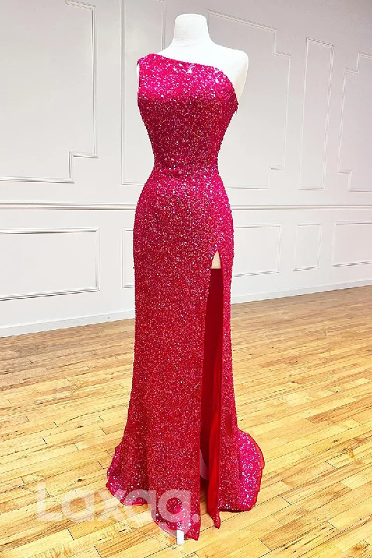 21806 - One Shoulder Thigh Slit Sequins Prom Dress Sequin Backless Dress