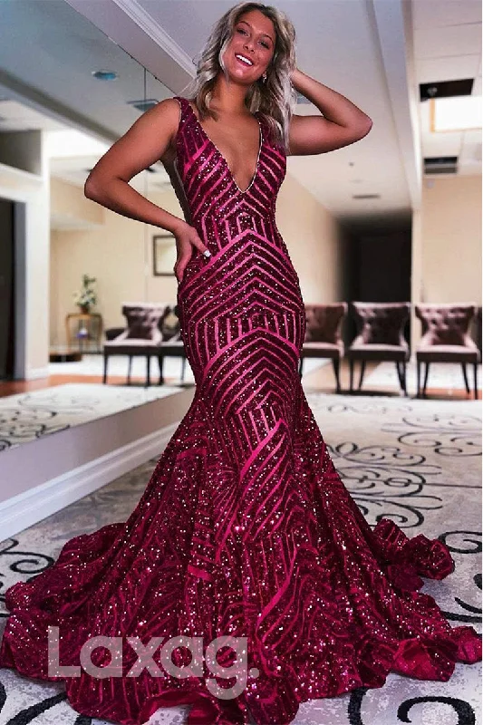 20738 - Plunging V-Neck Sequins Mermaid Prom Dress Gold Sequin Dress