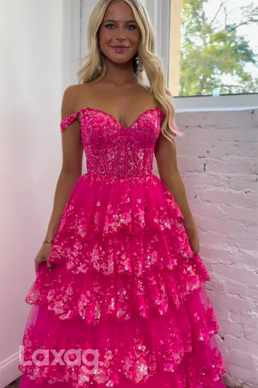 22059 - A Line Off Shoulder Sequins Lace Pink Long Semi Formal Prom Dress Sexy Sequined Dress