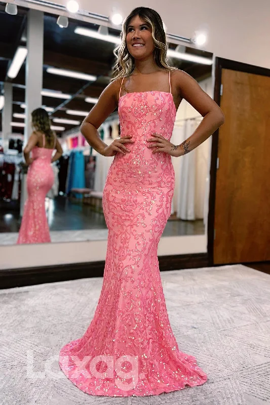 21795 - Spaghetti Pink Sequined Mermaid Prom Dress Floor-length Sequin Dress