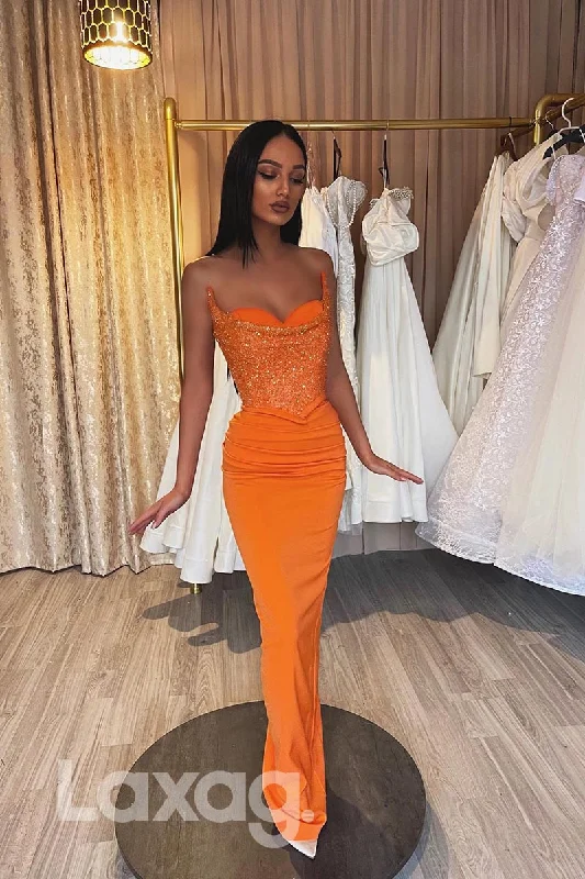 21863 - Strapless Orange Sequins Top Satin Prom Evening Dress Sequin Evening Dress