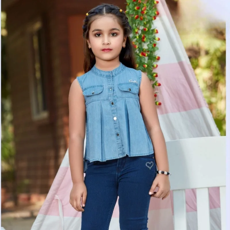 Dark & Light Blue Denim Top for Girls Belted Denim Skirt