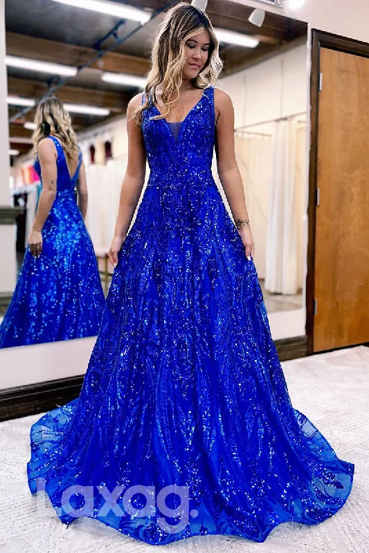 21836 - Royal Blue V Neck Sequins Prom Evening Dress Sparkly Sequin Dress