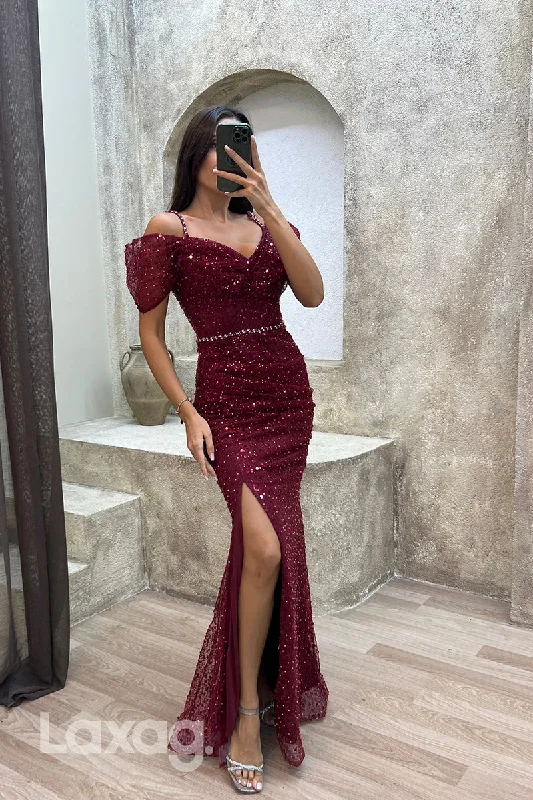 22076 - Spaghetti Straps Fully Sequins Mermaid Long Formal Prom Dress with Slit High Neck Sequin