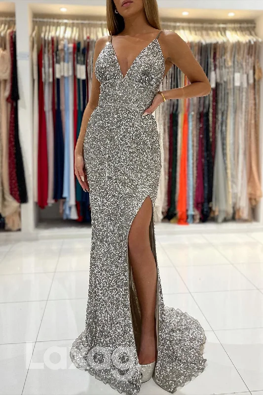 21815 - V Neck Silver Sequin Prom Evening Dress with Slit Sequin Wrap Dress