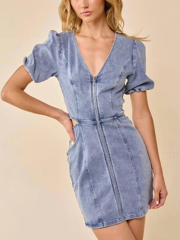 Denim Zipper Front Dress In Blue High-Waist Denim Skirt