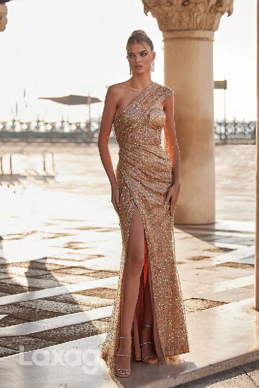 22082 - One Shoulder Fully Sequins Sparkly Long Formal Prom Dress with Slit Sequin Detail Dress