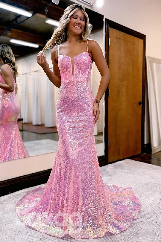 16768 - Spaghetti Sequined Prom Dress With Sweep Train Sexy Sequined Dress