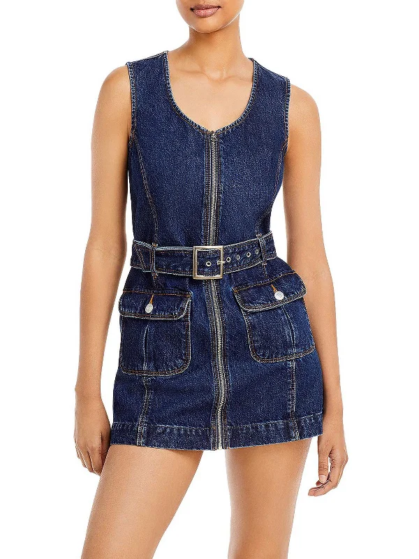 60's Womens Denim Short Mini Dress Ruffle Hem Denim