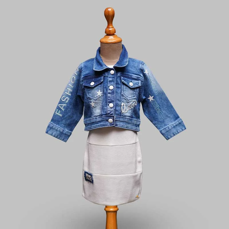 Solid Girls Midi Set with Denim Jacket Flowy Denim Skirt