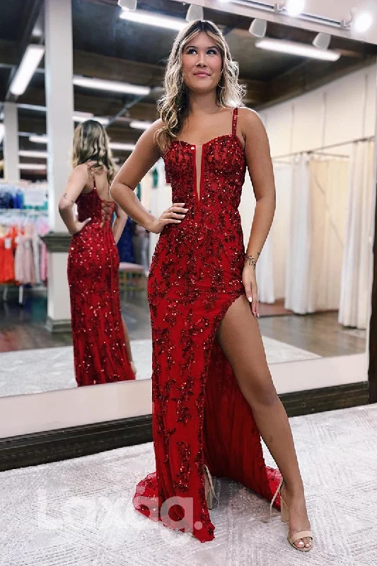 21856 - Spaghetti Plunging Neck Thigh Slit Red Sequins Prom Evening Dress Sequin Party Dress