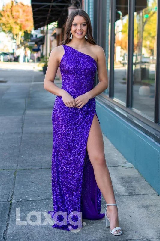 20756 - One Shoulder Purple Sequins Prom Dress with Slit Classy Sequin Dress