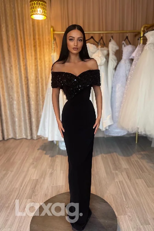 21851 - Off Shoulder Sequins Black Velvet Prom Evening Dress Sleek Sequin Dress