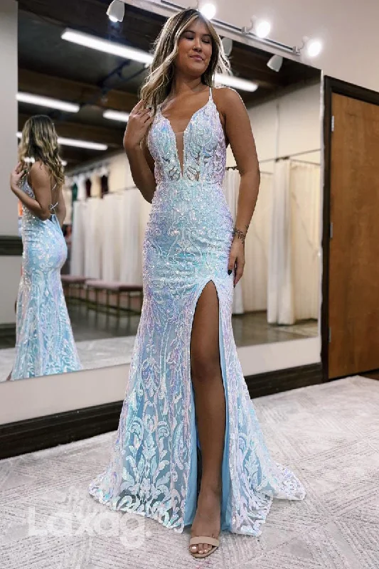 21950 - Plunging V -neck Sequins Mermaid Long Semi Formal Prom Dress with Slit Sequin Dress Vibe