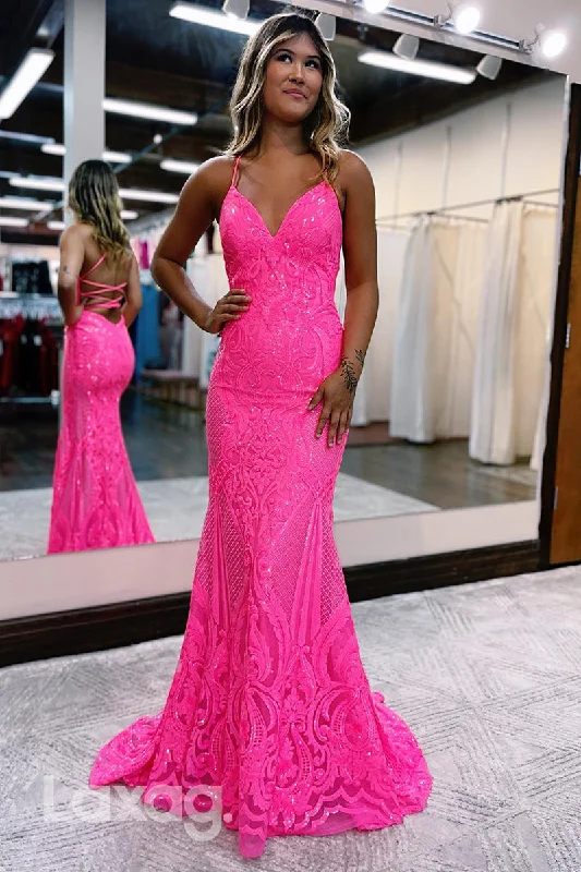 21768 - Spaghetti Straps V-Neck Sequined Beaded Long Prom Dress Sequin Dress Party