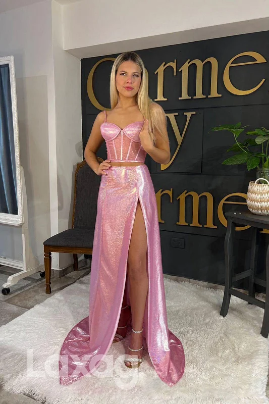 21810 - Pink Sequins Bone Bodice Thigh Slit Prom Dress Sequin Dress Appeal