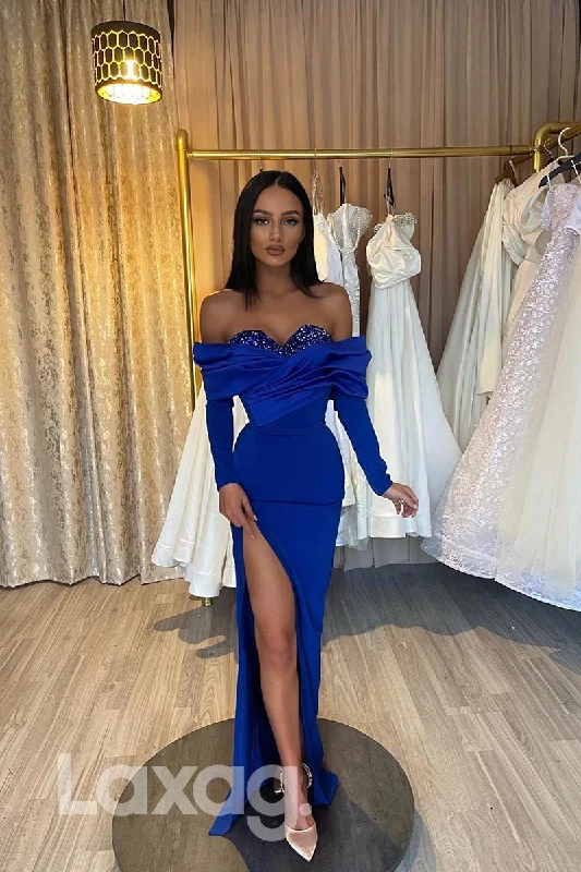 21849 - Royal Blue Thigh Slit Long Sleeves Sequins Prom Evening Dress Silver Sequin Dress