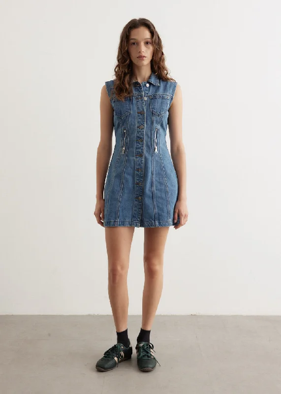 Zipper Denim Mini Dress Loose Fit Denim Skirt