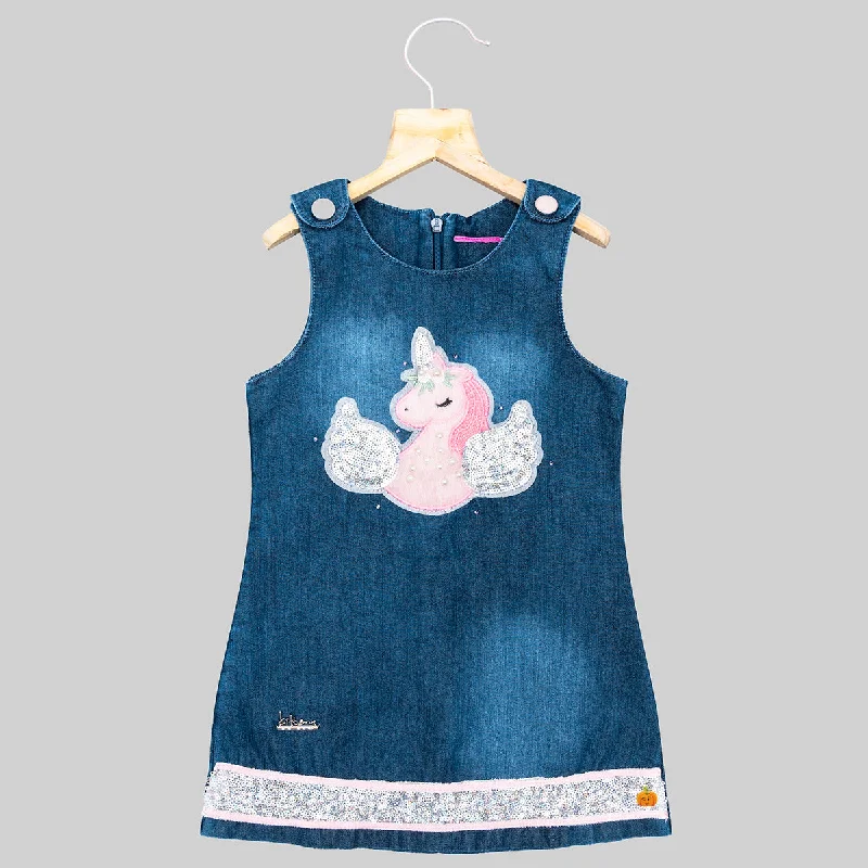 Blue Unicorn Denim Midi for Girls Printed Denim Skirt