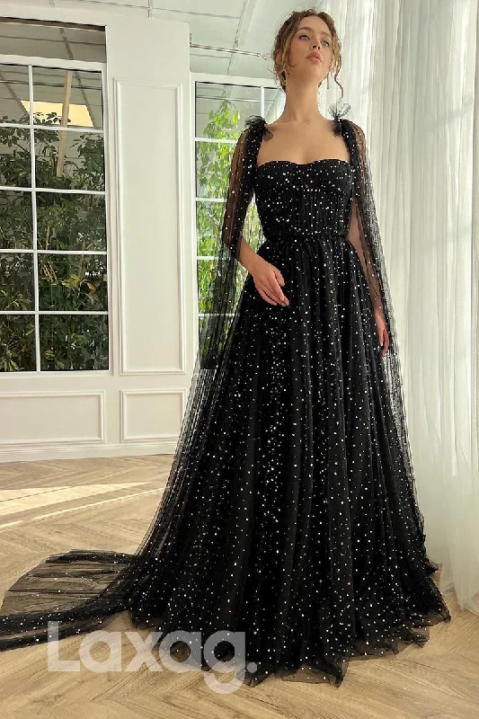 21869 - Black Sequins Strapless Prom Evening Dress with Cape Chic Sequin Dress