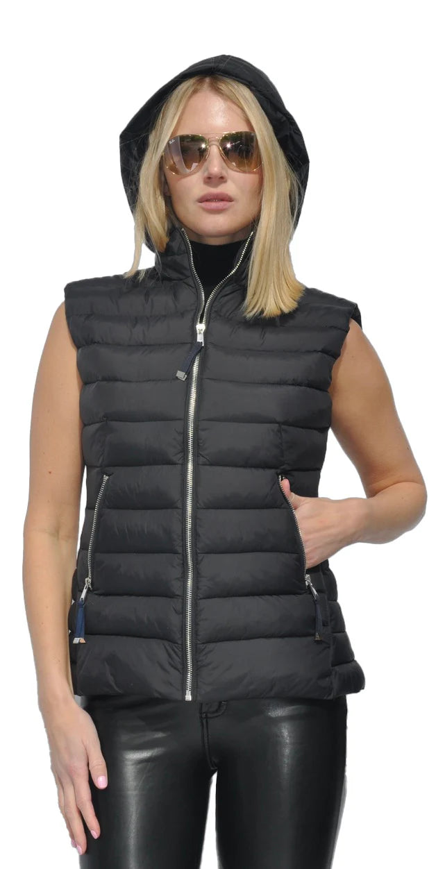 Vest Puffer With Hood Zipper Front Black Jo Women's