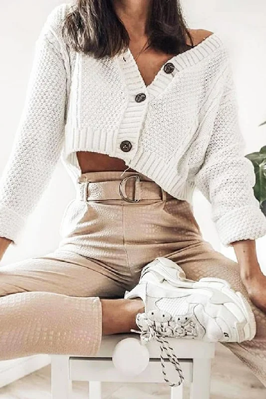 Cream Chunky Knit Button Up Crop Cardigan - Elly Classic Women’s Pullover