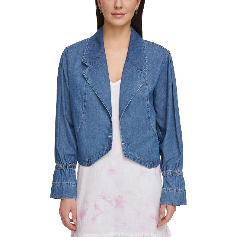 Womens Cotton Denim Open-Front Blazer Blazer with Ruffles