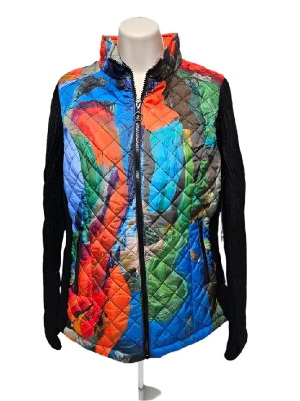 Jacket Quilted Knit Zipper Front Knit Sleeve - Abstract  Women's 91761