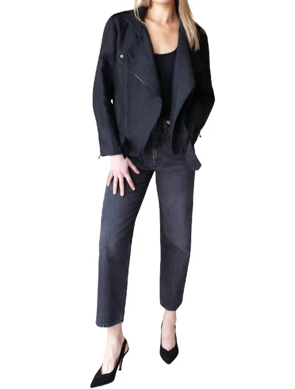 Linen Moto Jacket In Black Printed Blazers for Women