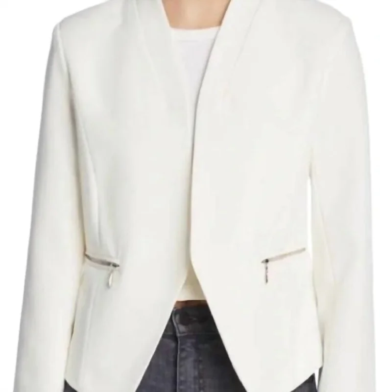 Zipper Pockets Collarless Open Front Blazer In White Lightweight Double-breasted Blazer