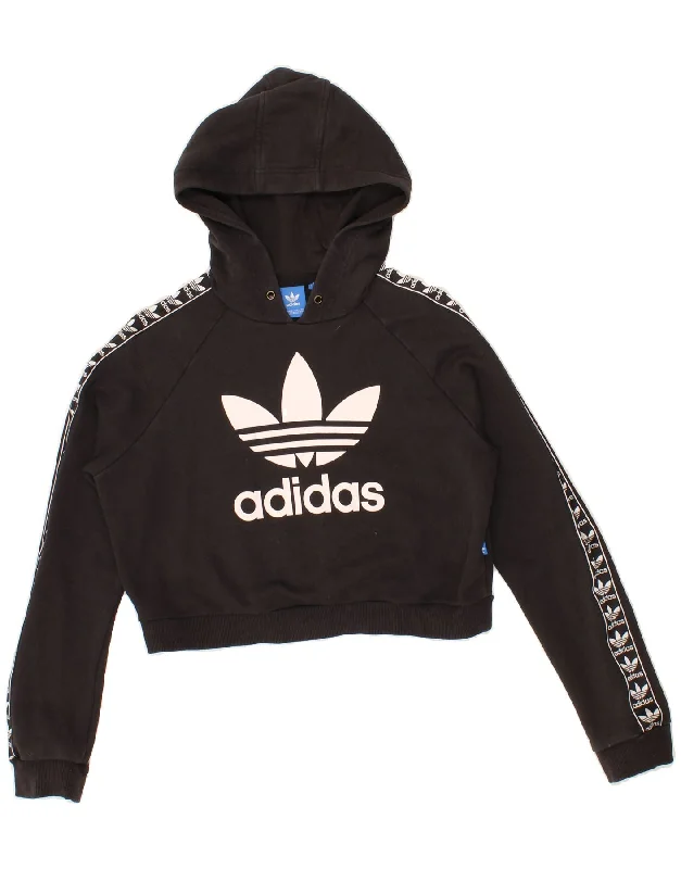 ADIDAS Womens Graphic Crop Hoodie Jumper UK 12 Medium Black Cotton Edgy sweaters