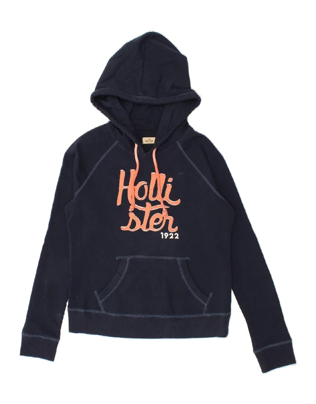 HOLLISTER Womens Graphic Hoodie Jumper UK 12 Medium Navy Blue Cotton Best sweaters for cozy nights