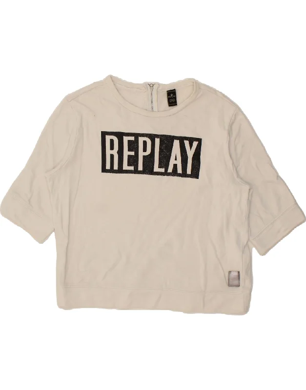 REPLAY Womens Graphic Short Sleeve Sweatshirt Jumper UK 14 Large White Best sweaters for winter