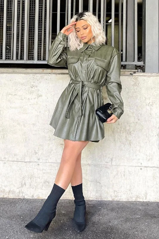 Khaki Faux Leather Belted Shirt Mini Dress - Alese Lace mini dresses