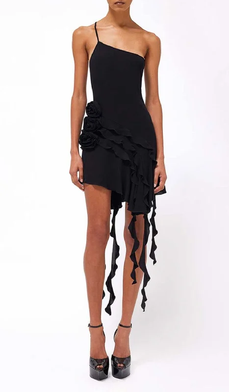 ROSE-DETAIL RUFFLED MINI DRESS IN BLACK Versatile mini dresses for all occasions