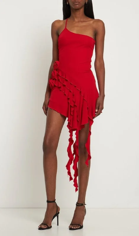 ROSE-DETAIL RUFFLED MINI DRESS IN RED Best mini dresses for summer vacation