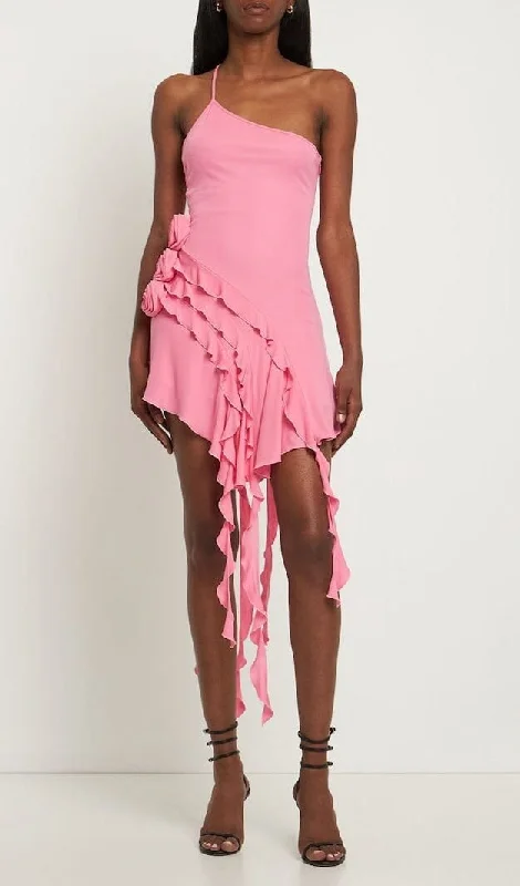 ROSE-DETAIL RUFFLED MINI DRESS IN PINK Chiffon mini dresses