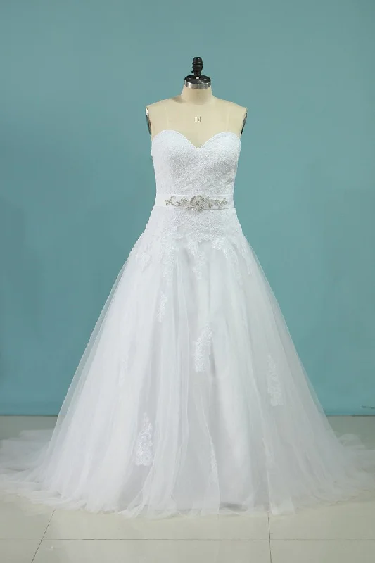 A Line Sweetheart Tulle With Aplique And Sash Wedding Dresses Chic Wedding Gown