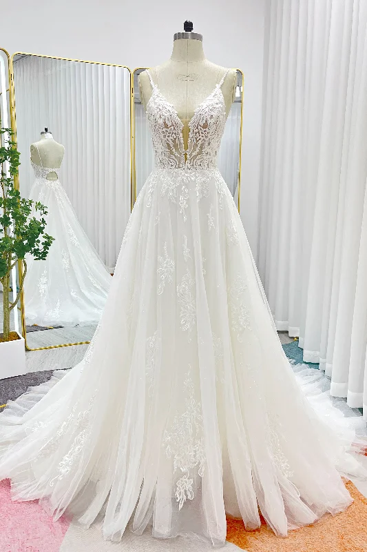 A-Line Court Train Lace Tulle Wedding Dress CW3268 Elegant Lace Gown