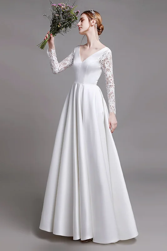 A-Line Floor Length Satin Wedding Dress CW2763 Modern Lace Gown