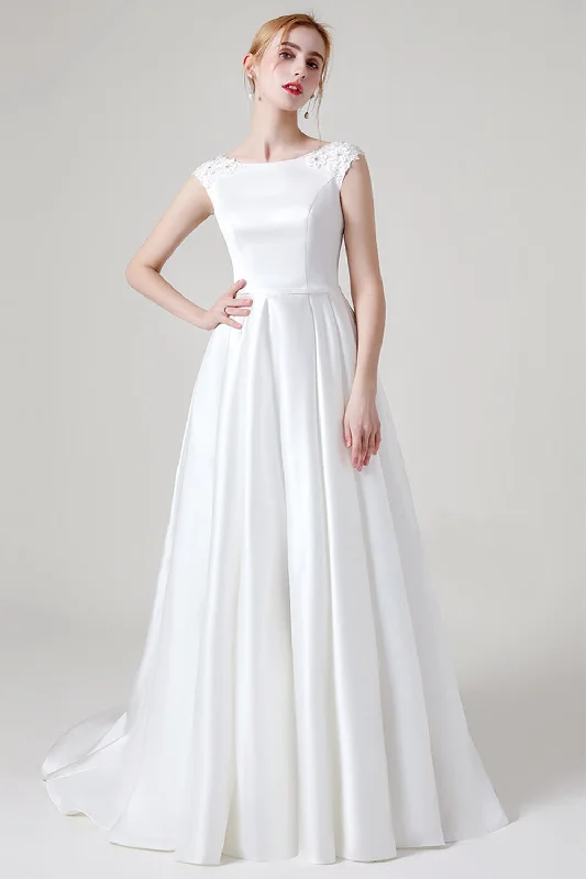 A-Line Sweep-Brush Train Satin Wedding Dress CW2959 A-line Bridal Dress