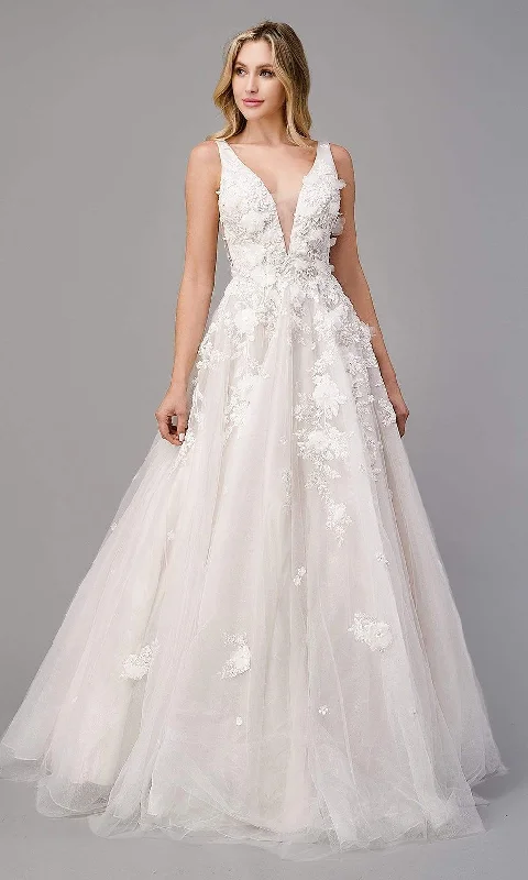 Andrea and Leo - A1028W Plunging Neck Floral Wedding Dress Satin Wedding Dress