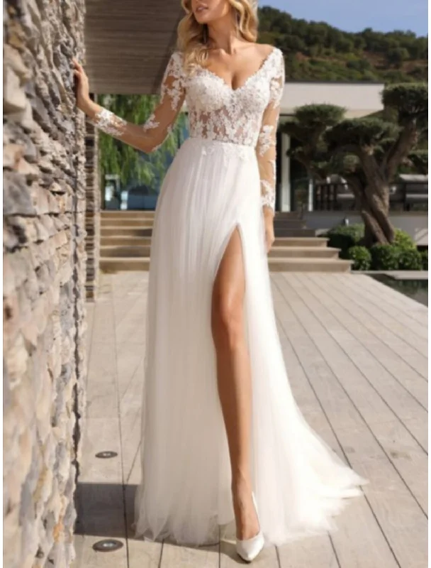 Beach Formal Wedding Dresses A-Line V Neck Long Sleeve Sweep / Brush Train Lace Bridal Gowns With Pleats Split Front Lace A-line Dress