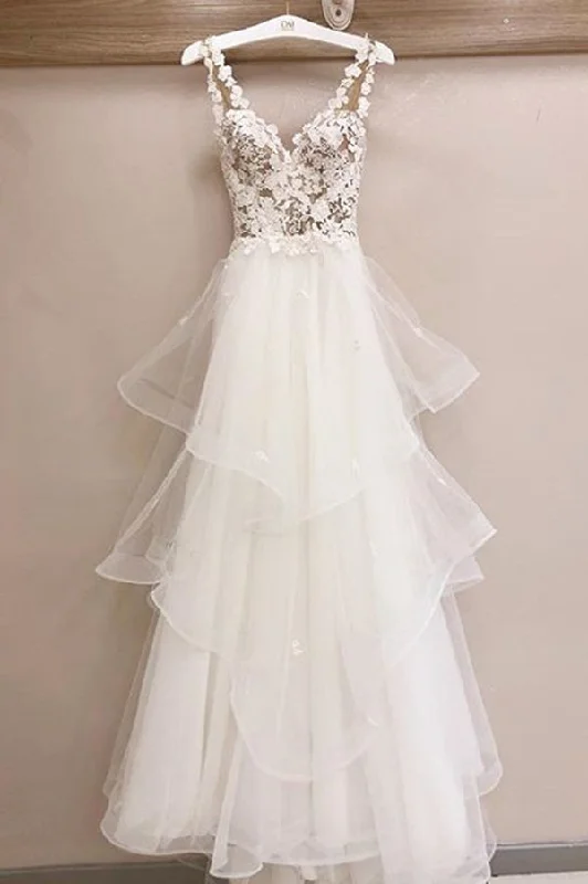 Charming Tulle Appliques V Neck Lace Wedding Dresses with Ruffles Ruffled Wedding Dress