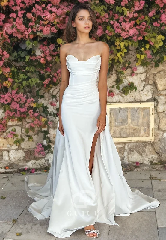 Sheath Strapless Sleeveless Pleated Long Satin Wedding Dress with High Side Slit and Train Elegant Bridal Gown